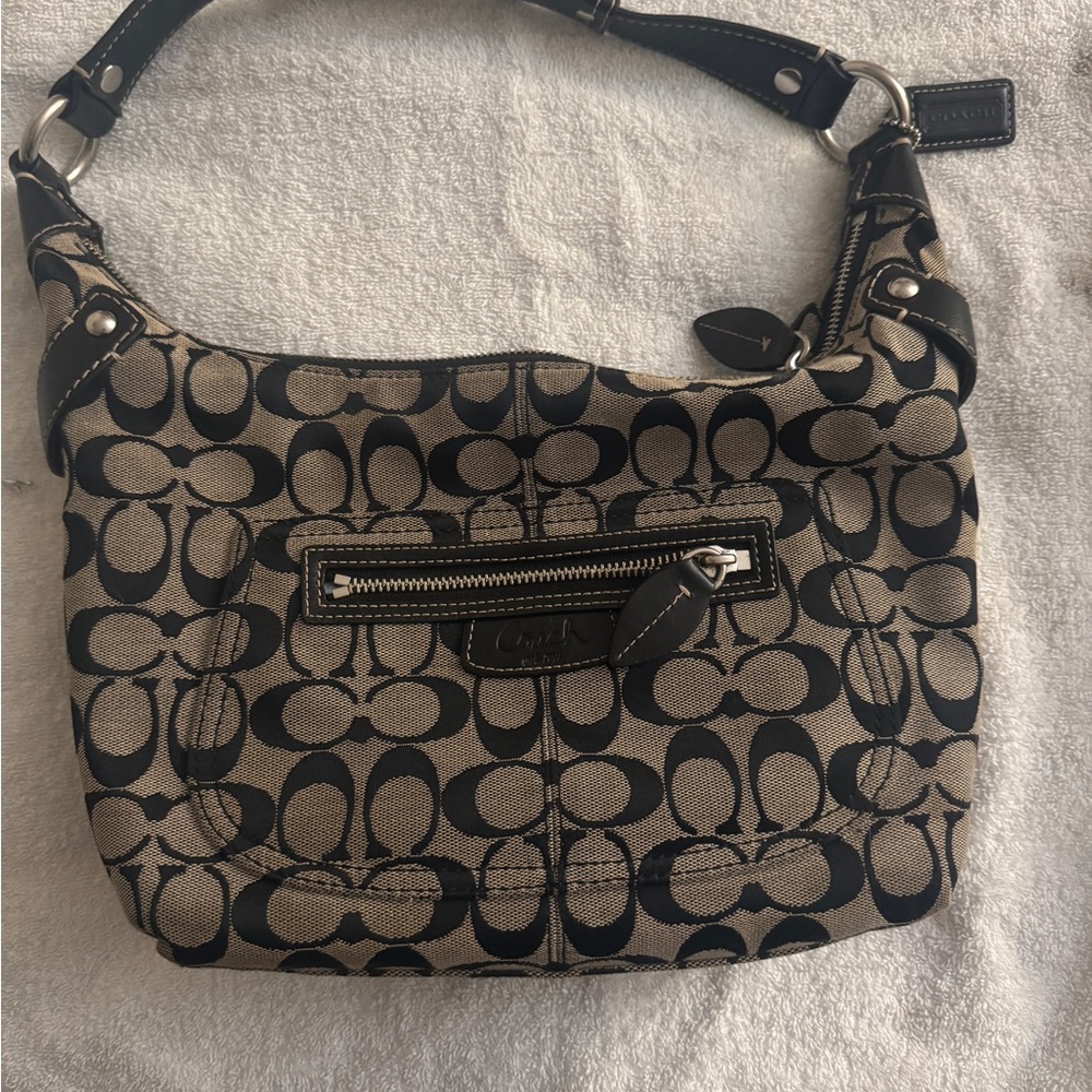 Coach Black and Tan Signature Shoulder Bag